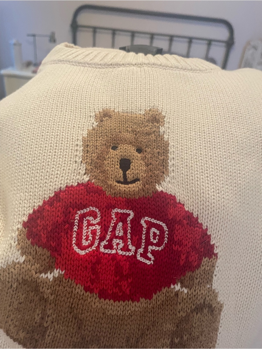 GAP Cream Crewneck Sweater with Red Bear Intarsia